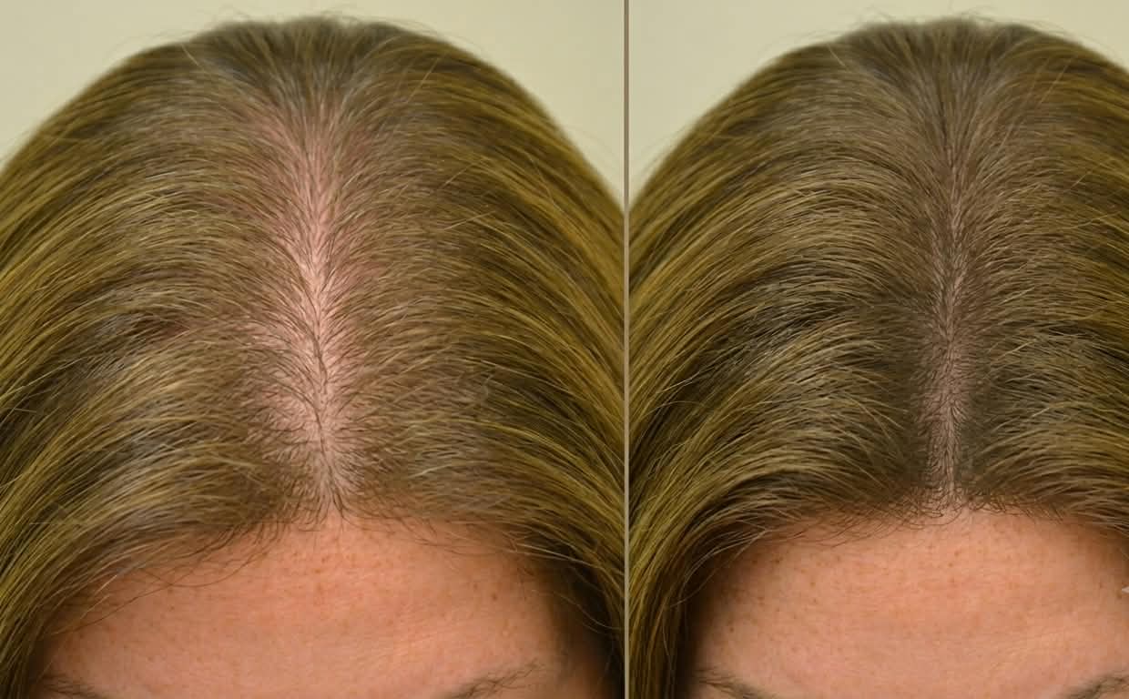 Antes e depois do tratamento: cabelo ralo à esquerda e cabelo volumoso e saudável à direita